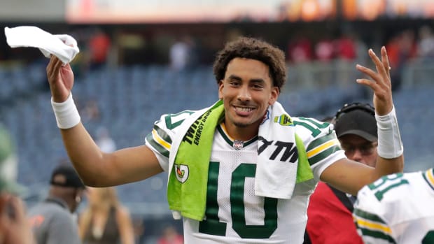 Green Bay Packers quarterback Jordan Love (10) celebrates a victory against the Chicago Bears as he leaves the field during their football game Sunday, September 10, 2023, at Soldier Field in Chicago, Ill. Green Bay won 38-20.